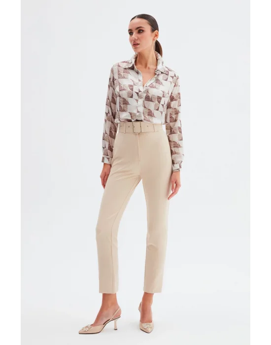 Yüksek Bel Kemerli Pantolon - Bej