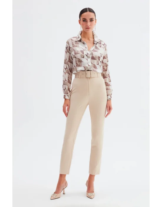 Yüksek Bel Kemerli Pantolon - Bej