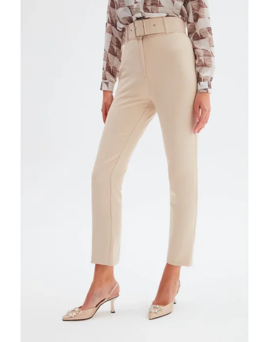 Yüksek Bel Kemerli Pantolon - Bej