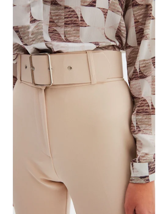 Yüksek Bel Kemerli Pantolon - Bej