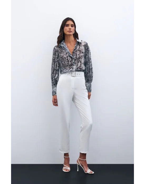 Yüksek Bel Kemerli Pantolon - EKRU