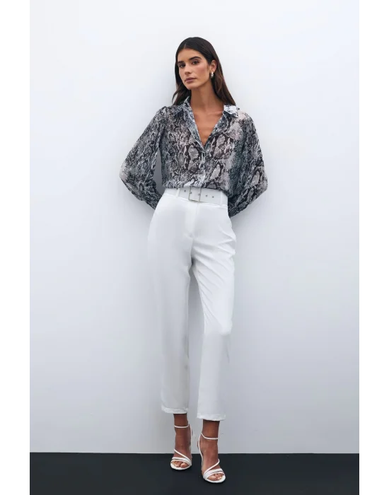 Yüksek Bel Kemerli Pantolon - EKRU