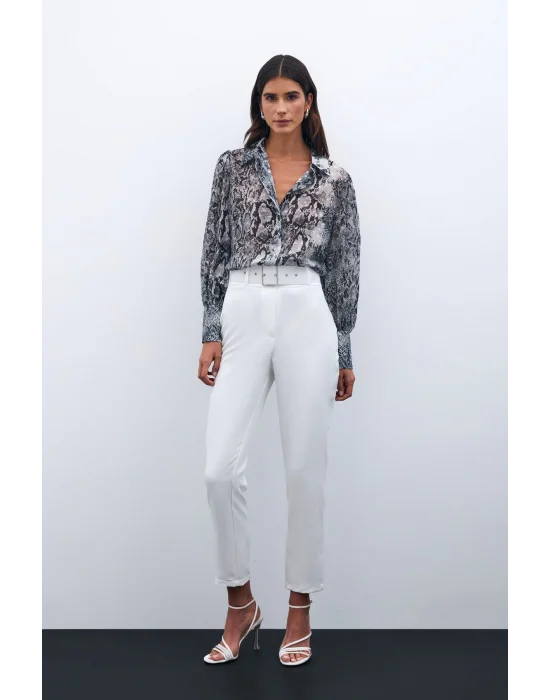 Yüksek Bel Kemerli Pantolon - EKRU