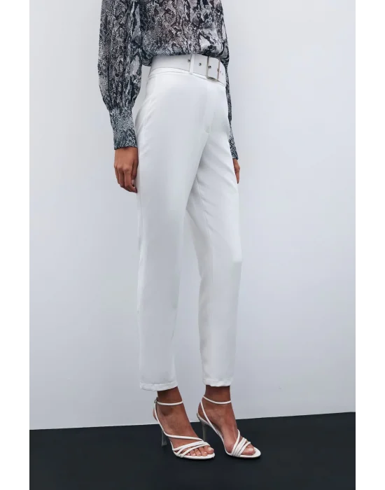 Yüksek Bel Kemerli Pantolon - EKRU