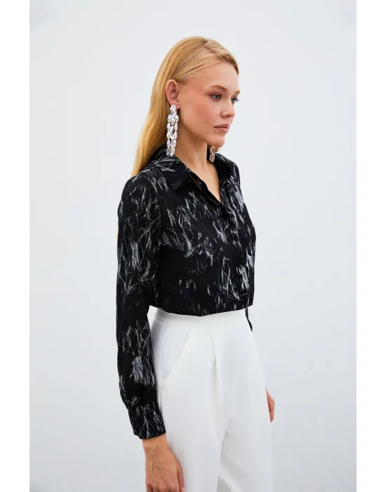 Parlak Desenli Gömlek - SİYAH-GÜMÜŞ