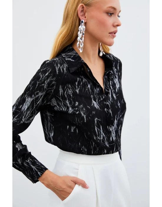 Parlak Desenli Gömlek - SİYAH-GÜMÜŞ