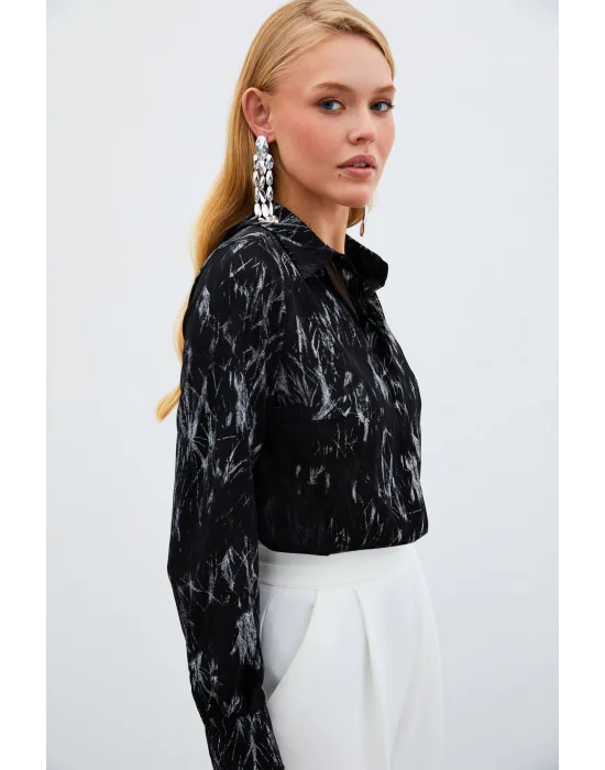 Parlak Desenli Gömlek - SİYAH-GÜMÜŞ