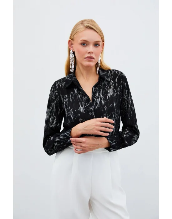 Parlak Desenli Gömlek - SİYAH-GÜMÜŞ