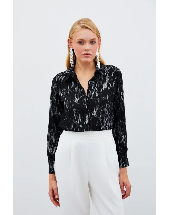 Parlak Desenli Gömlek - SİYAH-GÜMÜŞ