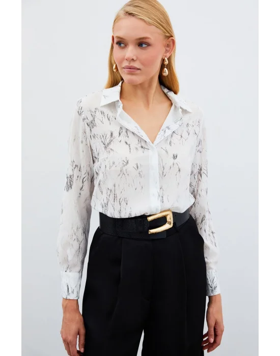 Parlak Desenli Gömlek - Ekru-gümüş