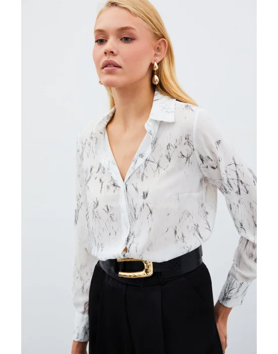 Parlak Desenli Gömlek - Ekru-gümüş