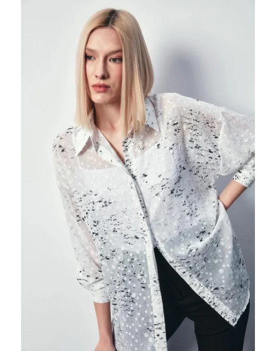 Kadın 1395-2011 Salaş Varaklı Gömlek Ekru-Gümüş