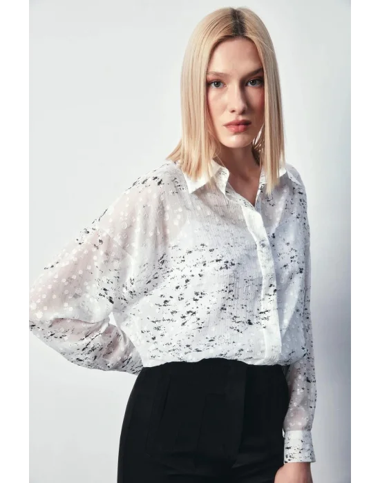 Kadın 1395-2011 Salaş Varaklı Gömlek Ekru-Gümüş