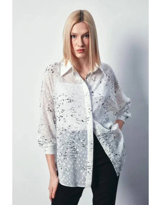 Kadın 1395-2011 Salaş Varaklı Gömlek Ekru-Gümüş
