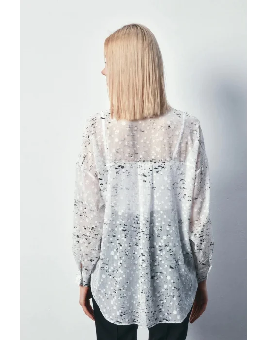 Kadın 1395-2011 Salaş Varaklı Gömlek Ekru-Gümüş