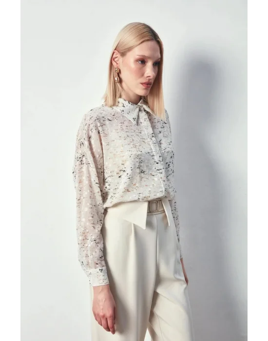 Kadın 1395-2011 Salaş Varaklı Gömlek Taş-Gold