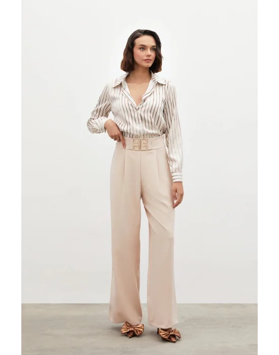 Bel Aksesuarlı Bol Paça Pantolon - BEJ