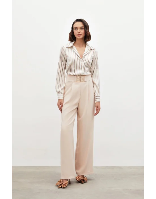 Bel Aksesuarlı Bol Paça Pantolon - BEJ