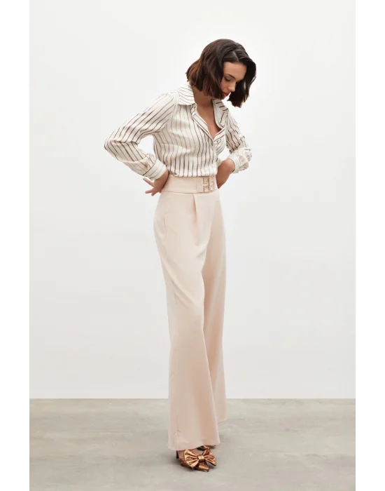Bel Aksesuarlı Bol Paça Pantolon - BEJ