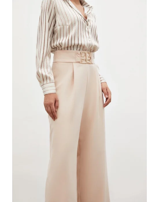Bel Aksesuarlı Bol Paça Pantolon - BEJ