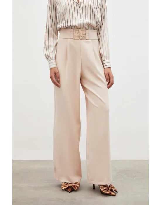 Bel Aksesuarlı Bol Paça Pantolon - BEJ