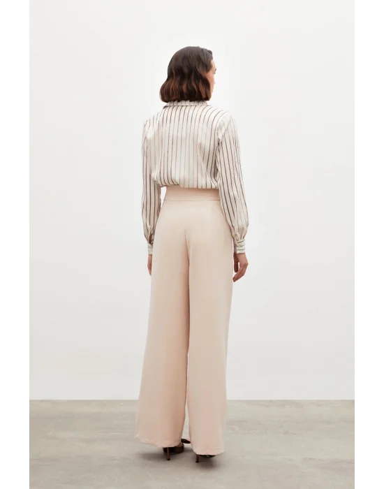 Bel Aksesuarlı Bol Paça Pantolon - BEJ