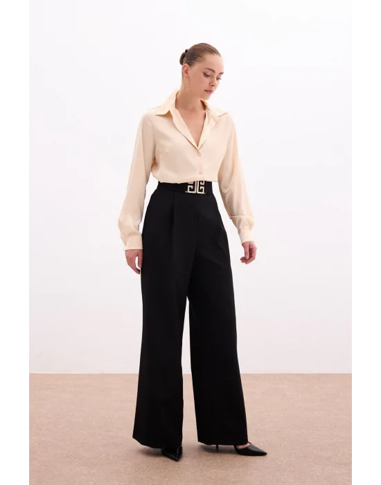 Bel Aksesuarlı Bol Paça Pantolon - SİYAH