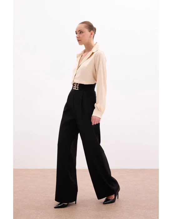 Bel Aksesuarlı Bol Paça Pantolon - SİYAH