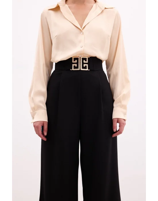 Bel Aksesuarlı Bol Paça Pantolon - SİYAH