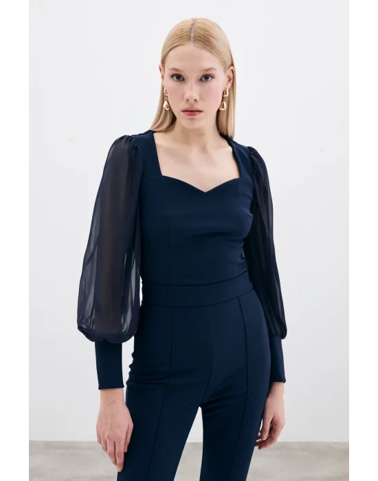 Balon Kol Crop Bluz - LACİVERT