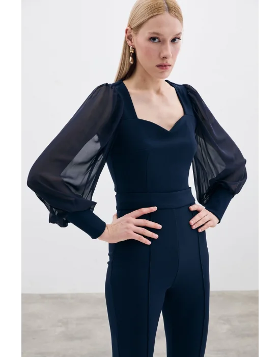 Balon Kol Crop Bluz - LACİVERT