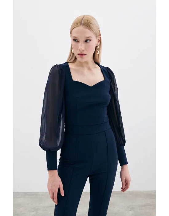 Balon Kol Crop Bluz - LACİVERT