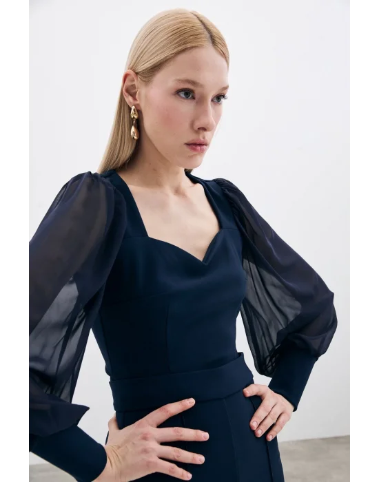 Balon Kol Crop Bluz - LACİVERT