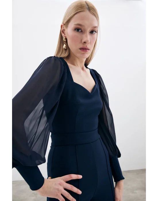 Balon Kol Crop Bluz - LACİVERT