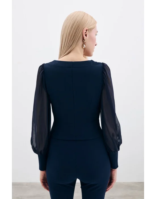 Balon Kol Crop Bluz - LACİVERT