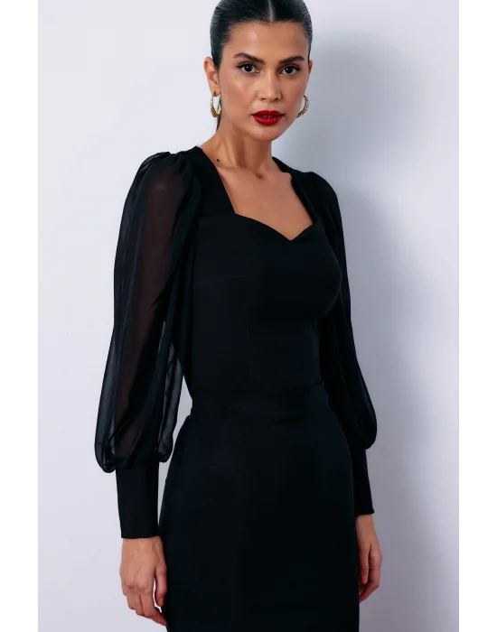 Balon Kol Crop Bluz - Siyah