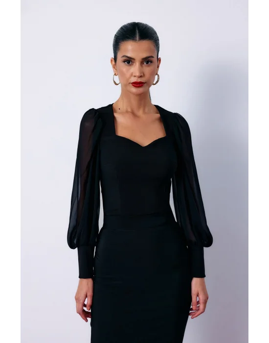 Balon Kol Crop Bluz - Siyah