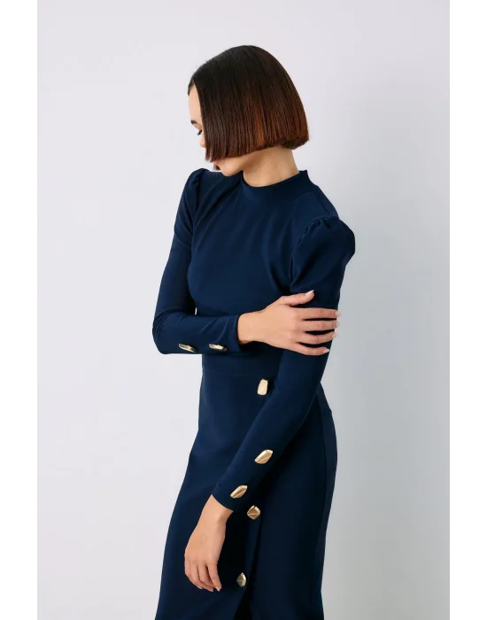 Düğme Detaylı Crop Bluz - LACİVERT