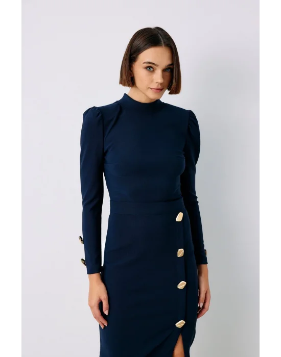 Düğme Detaylı Crop Bluz - LACİVERT