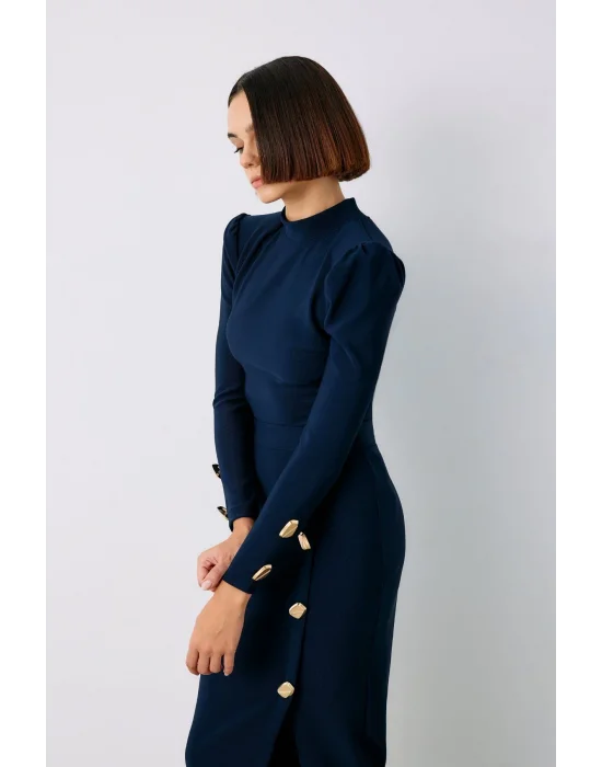 Düğme Detaylı Crop Bluz - LACİVERT