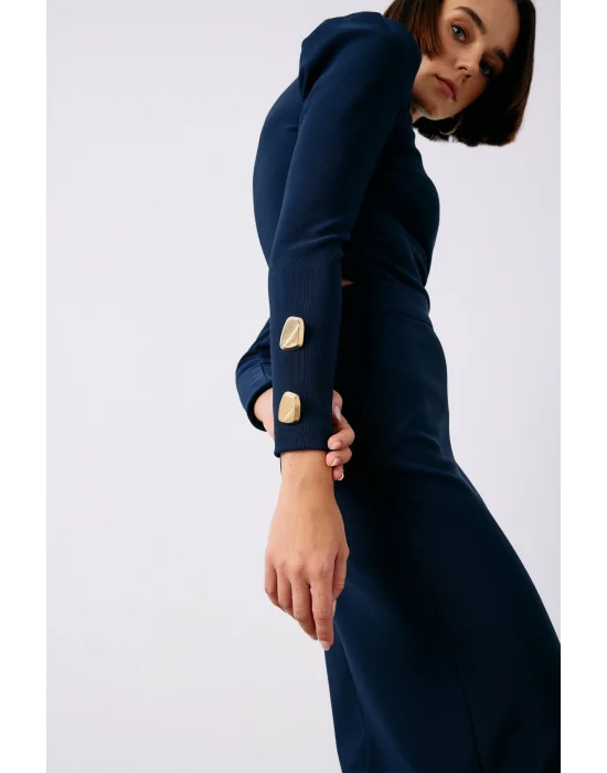 Düğme Detaylı Crop Bluz - LACİVERT