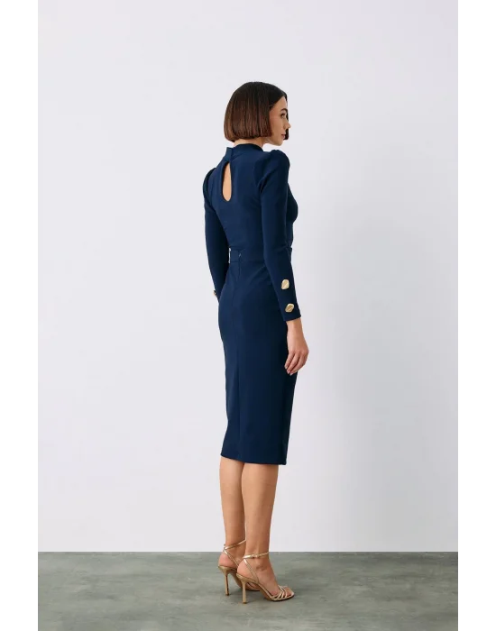 Düğme Detaylı Crop Bluz - LACİVERT