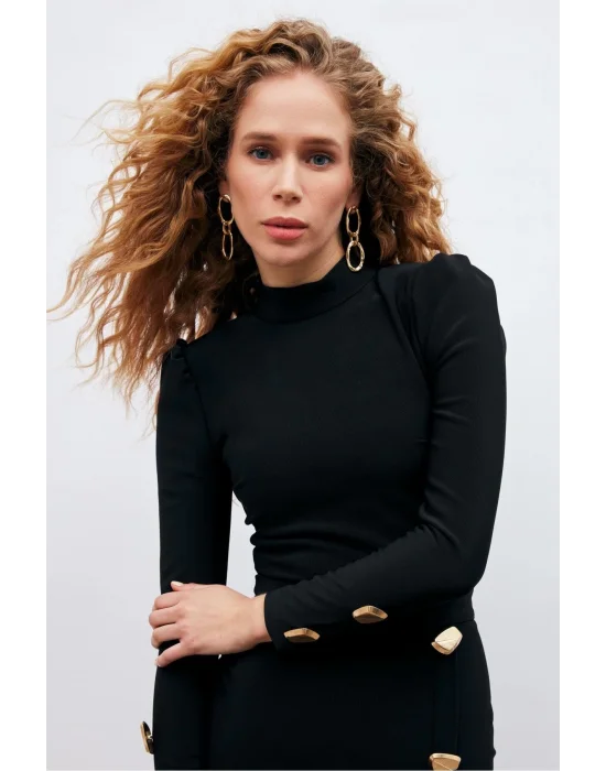 Düğme Detaylı Crop Bluz - Siyah