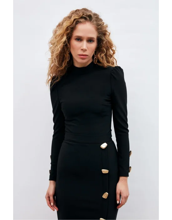 Düğme Detaylı Crop Bluz - Siyah