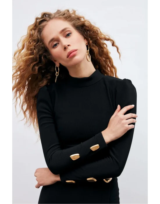 Düğme Detaylı Crop Bluz - Siyah