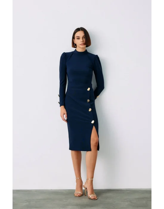 Düğme Detaylı Kalem Etek - LACİVERT