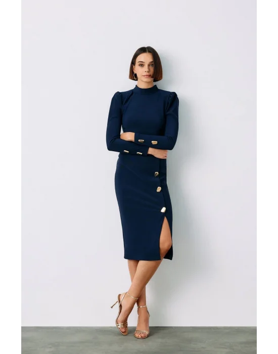 Düğme Detaylı Kalem Etek - LACİVERT