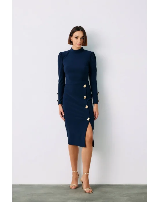 Düğme Detaylı Kalem Etek - LACİVERT
