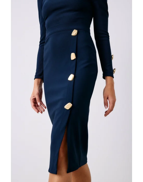 Düğme Detaylı Kalem Etek - LACİVERT