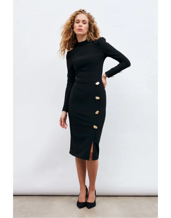 Düğme Detaylı Kalem Etek Şık Siyah